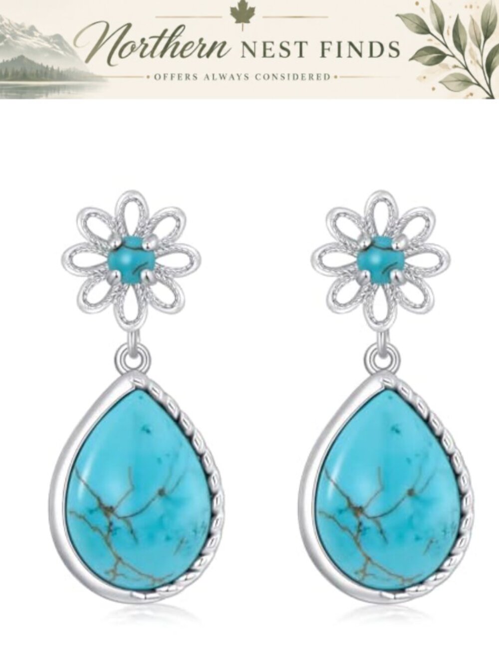 Turquoise Dangle Daisy Earrings Sterling Silver Vintage Western Teardrop